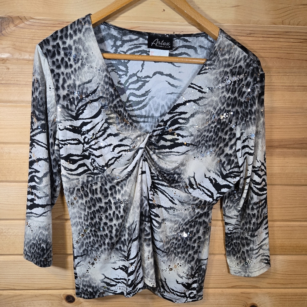 Vintage Artex Fashions Pullover Going Out Top Tiger Leopard Sequins Black Large